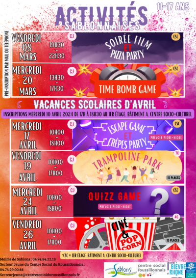 [Activités Sablonnaises] Programme Jeunes Mars-Avril 24