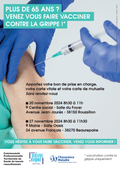20 Nov. 24 | Vaccination Grippe sans RDV [+65ans]
